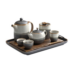 Tea Set in Modern Minimalist Style with Gray and White Ceramic Finish on Wooden Tray for Home Decor