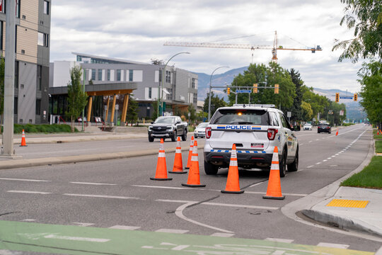 Ford Explorer RCMP police vehicle law enforcement SUV parked on the street on a sunny day for traffic control 