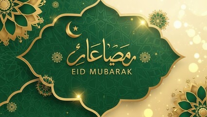 Ramadan Kareem: An ornate greeting card with the message Eid Mubarak, celebrating a time of spiritual reflection and community spirit, adorned with traditional Islamic patterns.