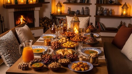 Cozy Festive Gathering: A warmly lit dining table laden with an array of delicacies creates an inviting atmosphere, perfect for a joyful occasion.