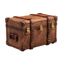Vintage leather trunk with brass hardware in warm golden lighting on wooden texture for antique decor