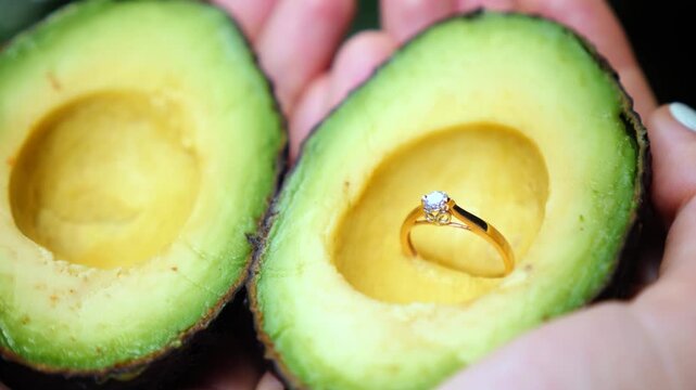 Female hands holding a freshly cut avocado with a beautiful golden diamond engagement ring inside, representing a creative and modern marriage proposal for a healthy lifestyle vegan couple