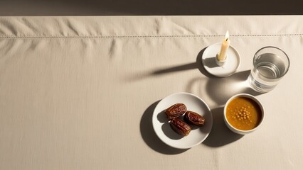 Ramadan Ritual: An intimate setting for Ramadan, featuring a lit candle casting warm shadows alongside dates, a bowl of soup, and a glass of water on a cream tablecloth.