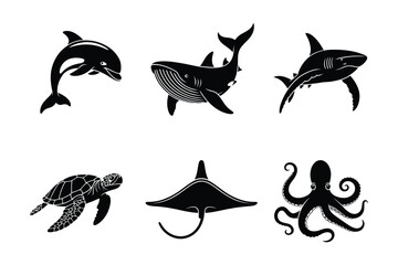 Obraz premium Marine animal silhouettes set with whale shark and turtle