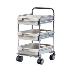Three-tier utility cart with white plastic bins in modern minimalist design with chrome frame and black wheels for office organization