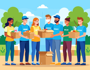 Obraz premium A diverse group of volunteers distributing donation boxes in an outdoor community setting.