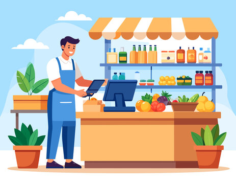 A friendly male vendor works at a local grocery store or farmer's market. He smiles while using a device, surrounded by fresh produce and products, representing small business and local commerce.