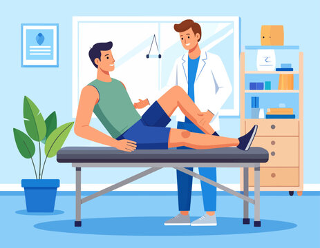 A male doctor examining a patient's knee on an examination table in a clinic for physical therapy.