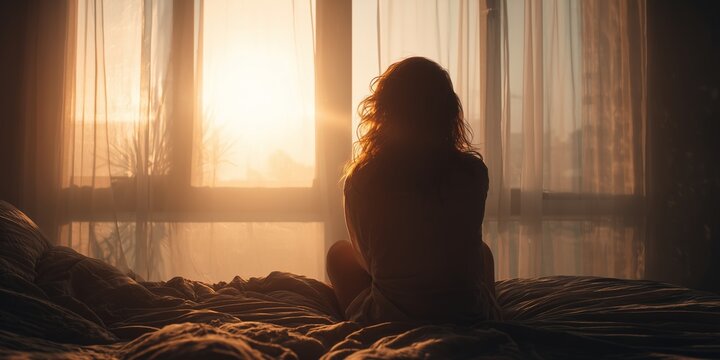 Sad woman sits on bed looking out window at sunrise in a quiet room with soft light