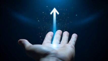 A glowing blue arrow rising from an outstretched hand