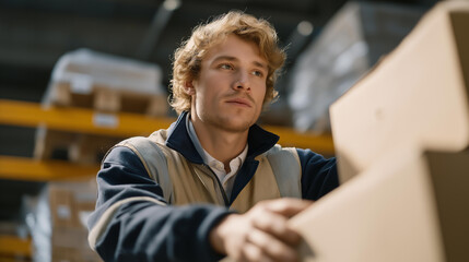 A worker meticulously organizing a warehouse filled with neatly stacked pallets, each loaded with boxes ready for shipment, highlighting an efficient logistics operation in a busy environment.