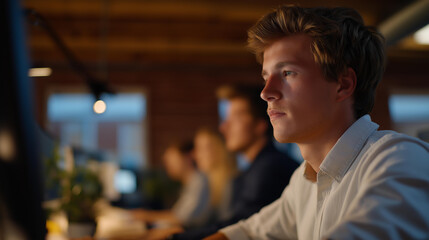 Fototapeta premium A realistic business environment captures staff pausing for an open office break, emphasizing modern office design, collaboration, and employee satisfaction. cinematic color correction, natural