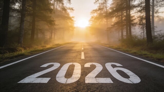 Looking ahead to 2026: A road to future vision. The image features the road towards 2026 with a beautiful sunset sky and mountains in background.