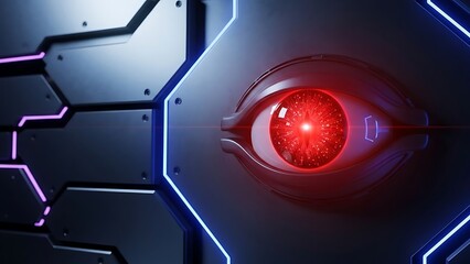 Glowing red eye in futuristic metallic panel