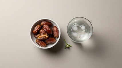 Dates and Water: A minimalistic composition featuring a bowl of dates, inviting refreshment alongside a glass of cool water with ice cubes, arranged to evoke a sense of purity and natural nourishment.