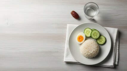 Ramadan Feast on a Plate: A minimalist arrangement featuring a plate of fluffy rice, sliced cucumber, boiled egg, a glass of water, and a date. The setting evokes a sense of peace and nourishment.