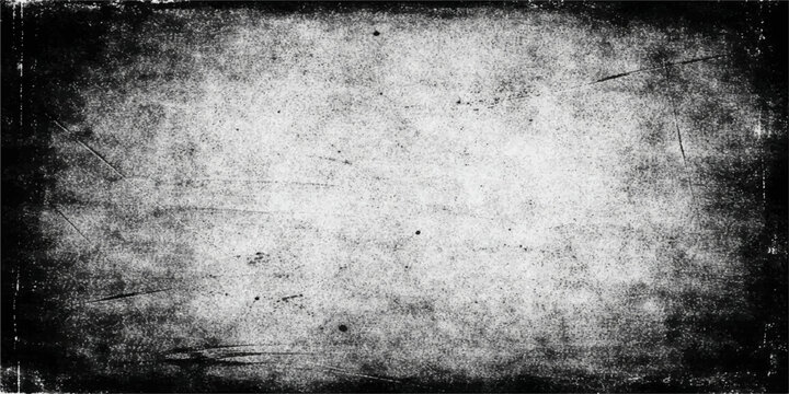 A dark and moody grunge film strip background featuring an aged concrete wall texture with dirty grey stone patterns and a vintage rough paper frame design on an antique black surface