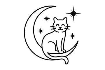 Fototapeta premium Cute Cat Sitting on Crescent Moon in Starry Sky Illustration