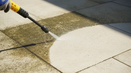 Fototapeta premium Pressure washing dirty patio tiles to remove grime and algae during home maintenance