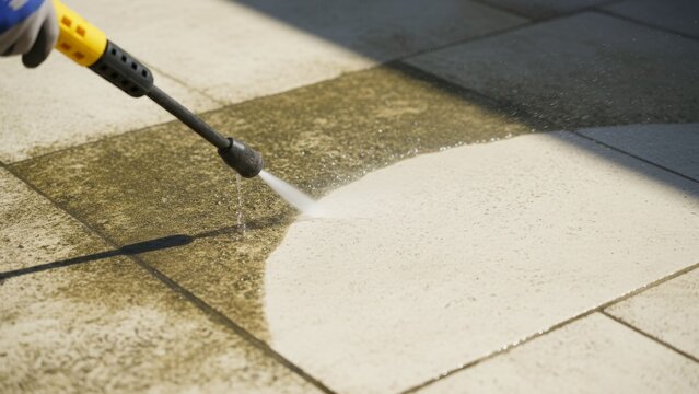 Pressure washing dirty patio tiles to remove grime and algae during home maintenance