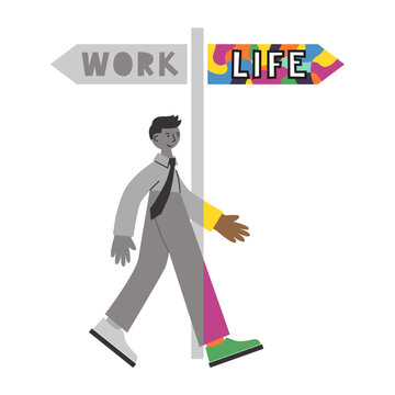 Work life road sign. Person chooses  slow living to recharge. Sabbatical and burnout recovery concept. Intentional rest and career break, microretirement.