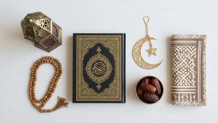 Islamic Items in Harmony: A curated arrangement of Islamic artifacts, including the Quran, prayer beads, dates, and decorative objects, conveys the spirit of faith and reverence.