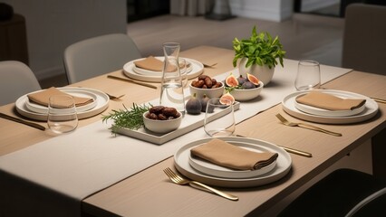 Table setting for intimate dinner: An inviting table prepared for a dinner, adorned with elegant dinnerware, fresh ingredients, and stylish cutlery, radiating a sense of cozy togetherness.