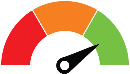 Speedometer gauge with red orange and green zones indicating performance level or status isolated on white © Aliza