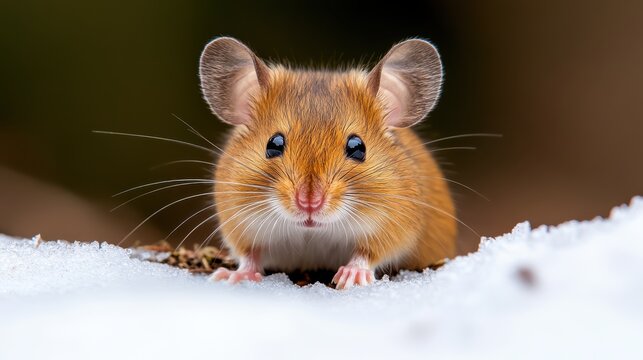 Field mouse braves frost for food on a winter morning