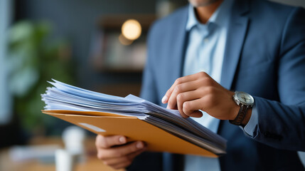 Faceless accountant showing office document auditing concept plan review process assess correctness management important document storage organization document system audit