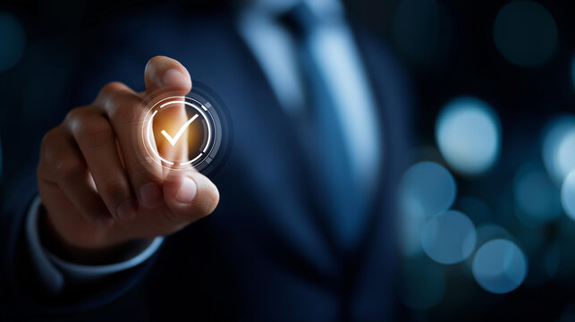 Concept business compliance faceless businessman virtual touchscreen presses checklist icon compliance law regulation policy compliance rules standards defocused background - Powered by Adobe