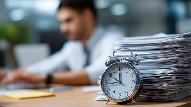 Clock face obscured by official forms time buried under bureaucracy concept time management delay business process symbol deadlines paperwork administrative burden slow