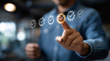 Faceless hand pointing checkmark gear icon checklist symbols concept quality assurance compliance standardization business process automation operational efficiency