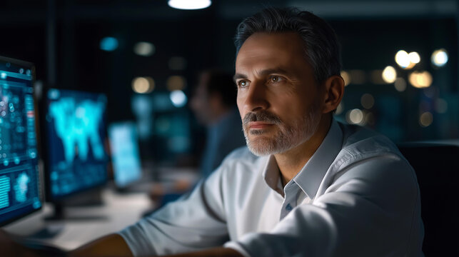 Cybersecurity alert business risk management office setting digital content dark environment closeup viewpoint security monitoring threat detection defocused background with - Powered by Adobe