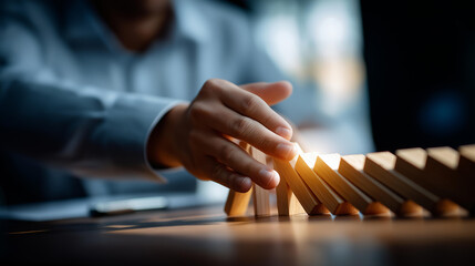 Business continuity concept faceless business person hand stopping falling wooden dominoes effect continuous toppled business continuity icon virtual screen risk management