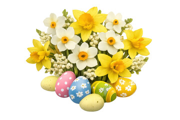 Easter eggs with daffodils bouquet celebrating spring