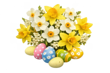 Easter eggs with daffodils bouquet celebrating spring