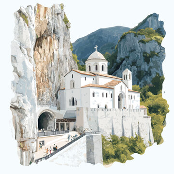 Ostrog Monastery. Ostrog Monastery watercolor vector illustration