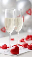 Two champagne glasses with Valentine's Day decorations on white table