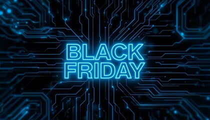 A glowing blue Black Friday advertisement on a dark circuit board background