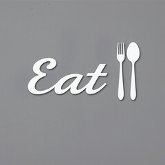 Eat typography with fork and spoon icon on gray background