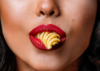 Labbra di una donna con rossetto mentre mangia della pasta