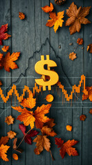 Conceptual image of autumn economy with dollar sign, stock market chart, and fall leaves on a dark wood background.