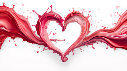 Dynamic red and pink liquid splash forming a heart shape. Abstract love symbol illustration on a white background.