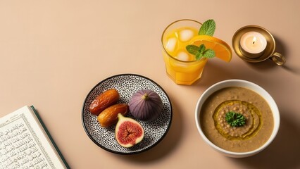 Festive Feast: An inviting arrangement of traditional culinary elements, featuring a date fruit, a fresh fig, a vibrant juice, and a hearty soup. Complemented by a gentle candle and a book.