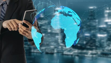 Global network connection visualization showing data exchange, digital link, worldwide communication. Global data flow and digital network infrastructure connecting regions around the world. Thunk