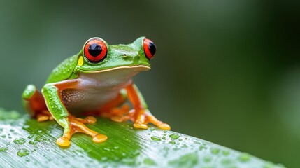Naklejka premium Bright red-eyed tree frog rests on banana shoots in lush rainforest