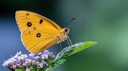 Obraz premium Bright yellow butterfly resting delicately on green plant foliage