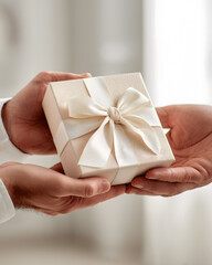 Gift exchange between two people in bright room