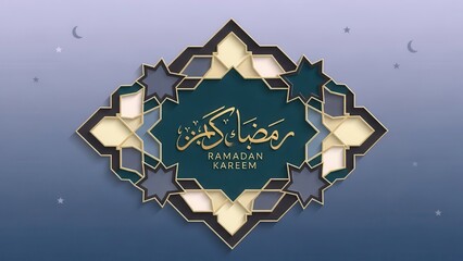 Ramadan Kareem: A striking geometric design in rich teal and gold, adorned with the Arabic calligraphy of Ramadan Kareem, glows against a serene blue backdrop, conveying the spirit of the holy month.